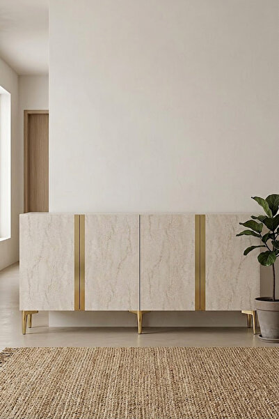 CENEYRA KA1598BTG ANKA Konsol ve Tv Sehpası Beyaz-Traverten-Gold 150cm