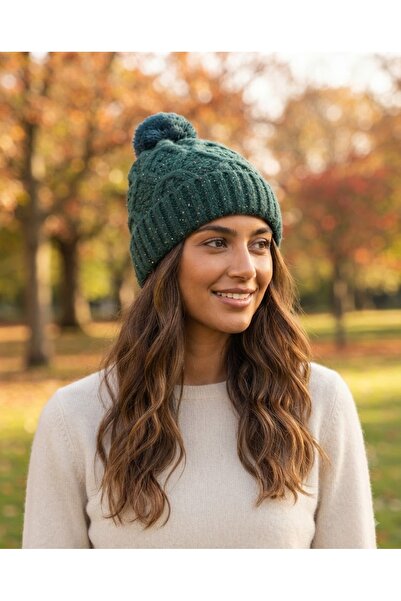 Fonem Women's Pompom Cotton Filay Beanie Fo 2654 Green with Shiny Yarn, Knitt...
