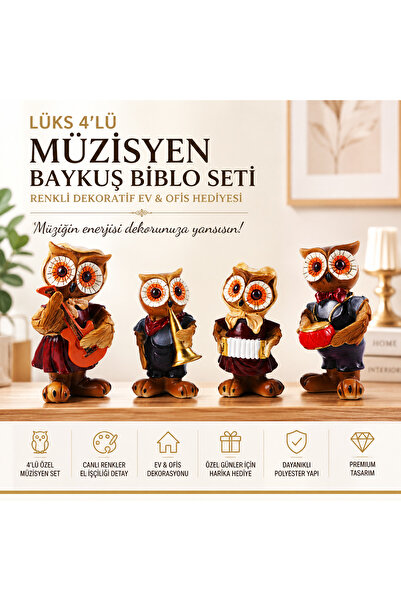 e-life shop Müzisyen Baykuş Biblo 4’lü Set Lüks İşlemeli Renkli Polyester Dek...