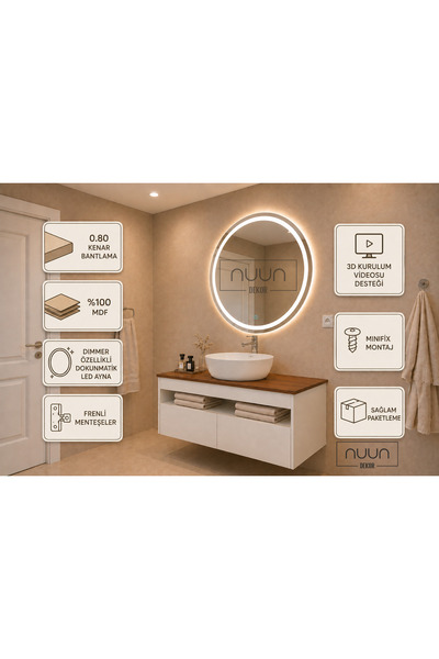 NUUN DEKOR Aurora 60cm Banyo Dolabı Seti (Yuvarlak Ledli Dokunmatik Ayna + MD...