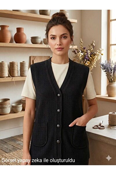 restinatriko Women's V-Neck Corded Fabric Knitwear Mother Vest Plus Size with...