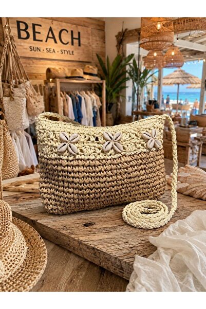 Axesoire NWC-1076 Camel Denizkabuğu Detaylı El Örgüsü Hasır Çanta 28x21 cm