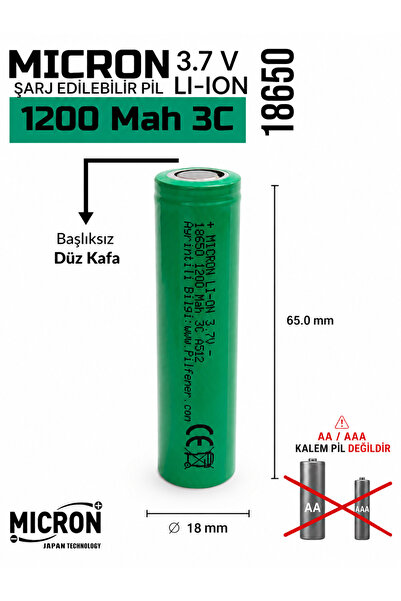 Micron 18650 Lityum Pil (BATARYA) 1200 Mah (AMPER) 3.7 V ( Volt) Şarj Edilebi...