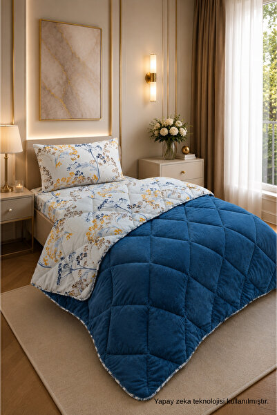 ÇARŞAF DÜNYASI Colorful Patterned Single Duvet with Plush Double-Sided Pillow...