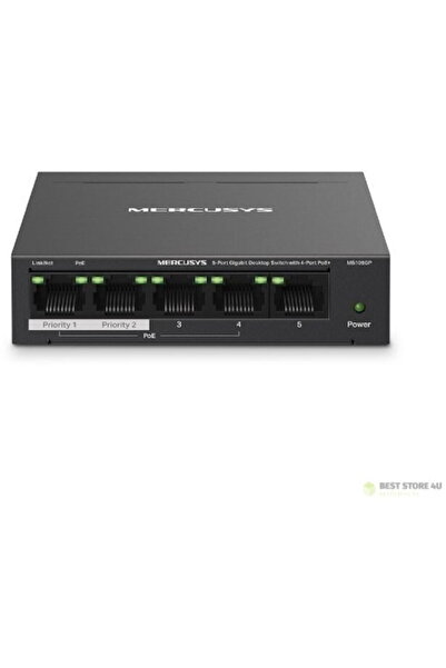 Mercusys Switch MS105GP, 5 porturi Ethernet, PoE, negru, 142x124x91mm