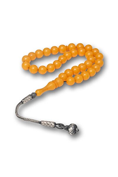 Inure Jewelry Silver Ball Kazaz Tassel Yellow Round Crimped Amber Prayer Beads