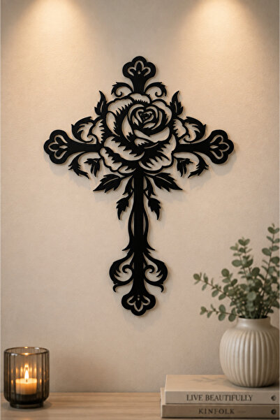 VENON ♰ Siyah 20x30 ÇİÇEKLİ Haç Metal Duvar Tablosu Dini Dekoratif Metal Sana...