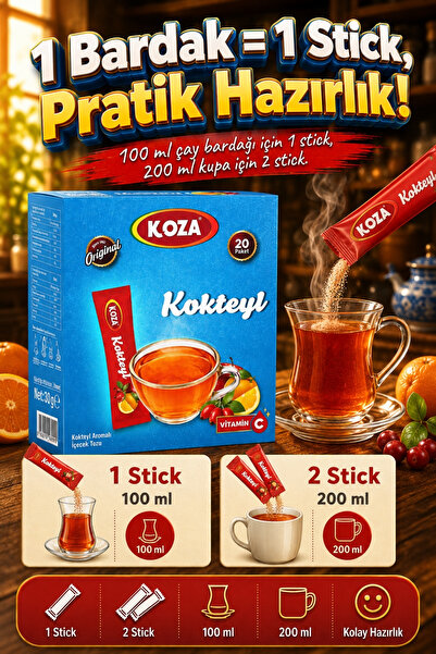 Koza C Vitamini Kokteyl Aromalı Pratik Lezzet Meyve Aromalı Tek İçimlik Premium İçecek Tozu 20 Stick