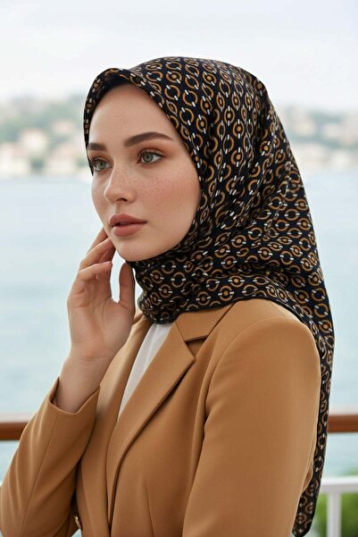 Vissona 100% twill silk chain patterned black - gold colored 90x90 scarf edge...