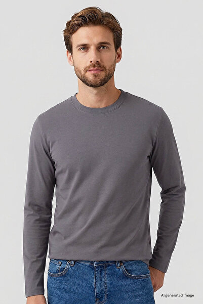 TOMMY LIFE Dark Gray Standard Fit Basic O-Neck Long Sleeve Slim Men's T-Shirt...