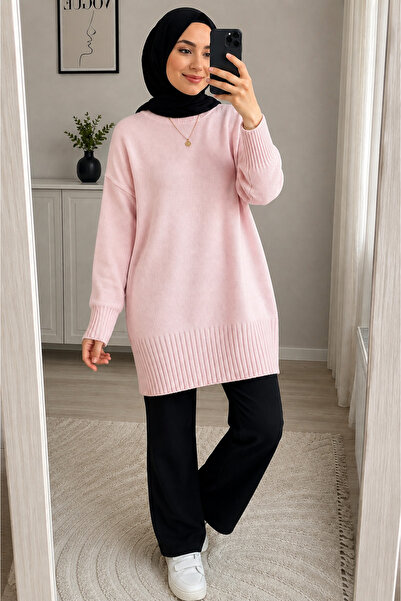 MODASPARK Pembe Bisiklet Yaka Oversize Triko Kazak Tunik