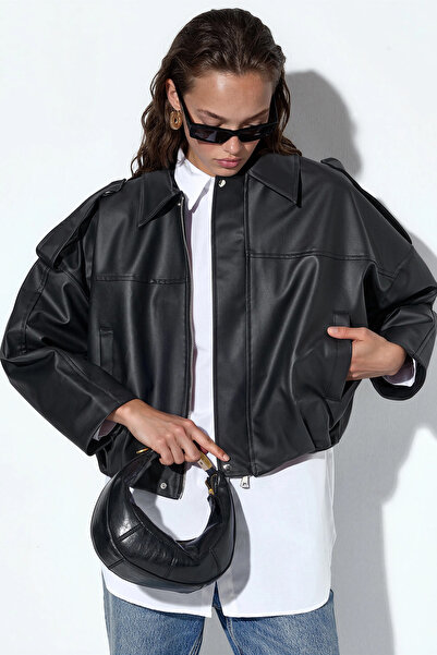 Merterium Women's Oversized Leather Jacket 1301 - Black