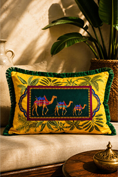 ASDİVA Bohemian Ethnic Camel Patterned Fringed Yellow Dark Green Throw Pillow...