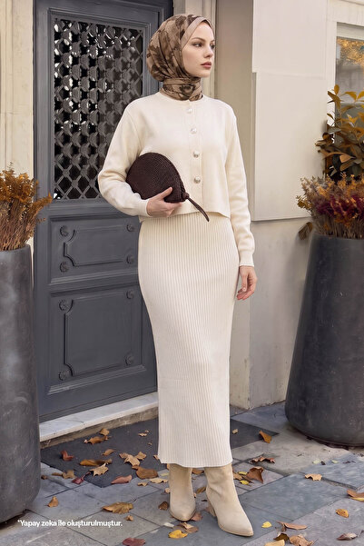 InStyle Cardigan Ribbed Double White Knitwear Set
