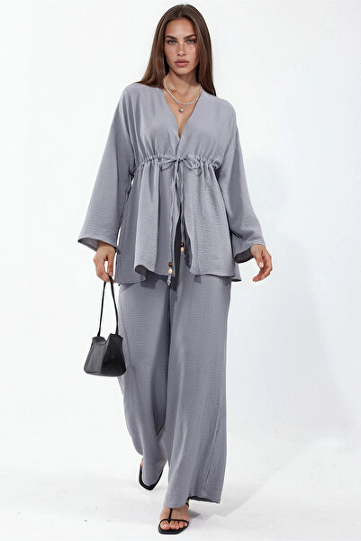 Merterium Women's Ayrobin Kimono Pants Double Set 1522 - Gray