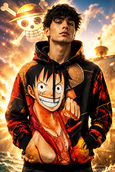 FG KONNİCHİWA One Piece Hooded Sweatshirt Laser Print Luffy Zoro Ace Monkey A...