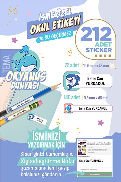 colortouch 212 ADET Okyanus Dünyası Temalı Okul Etiketi Sticker Kalem Etiket ...