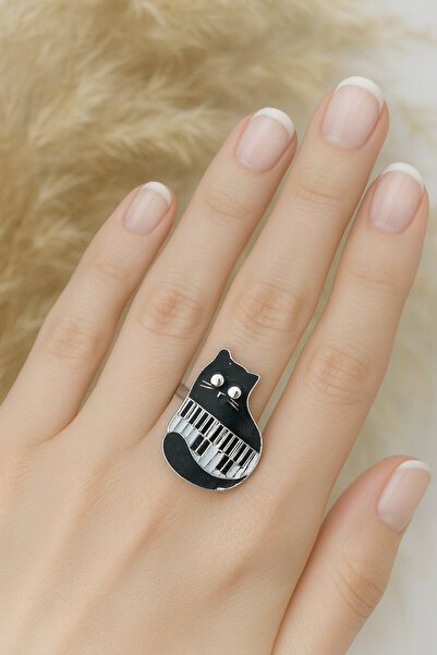 Herşey Nota Black Piano Figured Cat Ring – Symbol of Music, Elegance, and Mys...