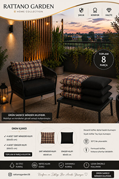 Rattano Garden Minder kılıfı Çay seti & Rattan Seti Minder kılıfı 8 Parça