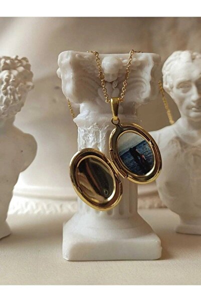 Herşey Nota Oval Şeklinde Kapaklı 316L Paslanmaz Çelik Gold Renk Resim Konulabilen Kadın Kolye
