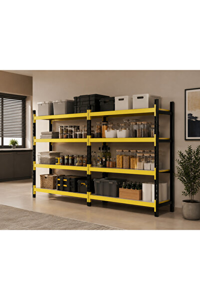 RafBurada 4 Katlı Duble Midi Rack - Ekonomik Depo,Arşiv, Kiler Rafı Siyah-Tur...