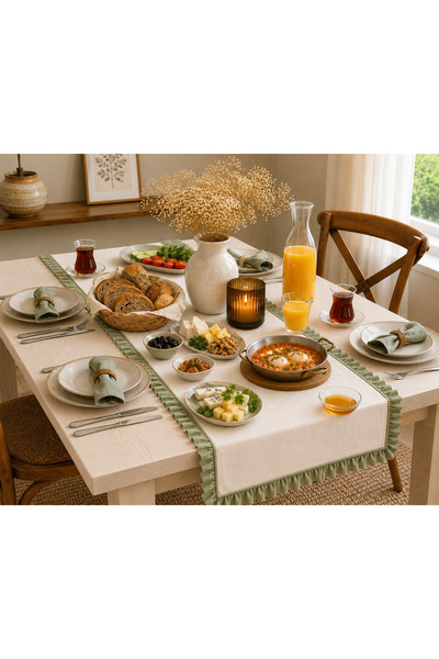 ZİLCA HOME 40x110 cm Fırfırlı Masa Runnerı – Krem Çağla Yeşili Dekoratif Sofr...