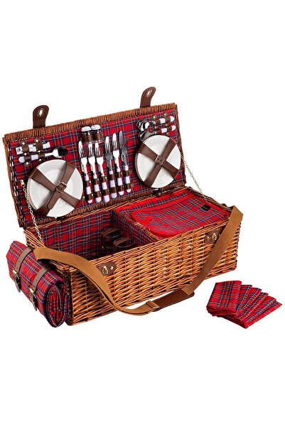 Picnic&co Piknik Sepeti 6 Kişilik El Yapımı Hasır Piknik Seti Ekose Desenli (...
