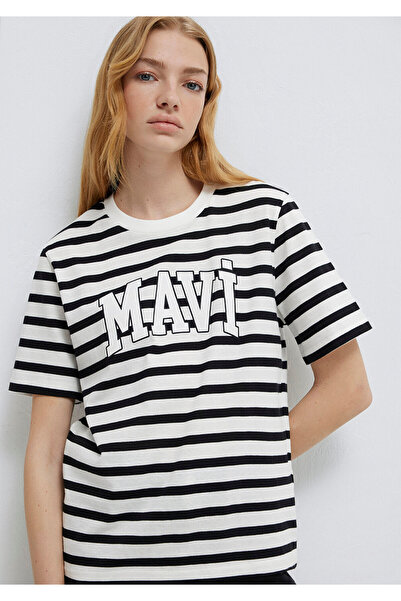 Mavi Schwarz gestreiftes T-Shirt mit Logodruck, normale Passform / normaler S...