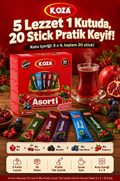 Koza Kırmızı Meyveler 5'li Asorti Mix Pratik Lezzet Tek İçimlik Vitamin Karışık Paket 5 x 4 - 20 Stick