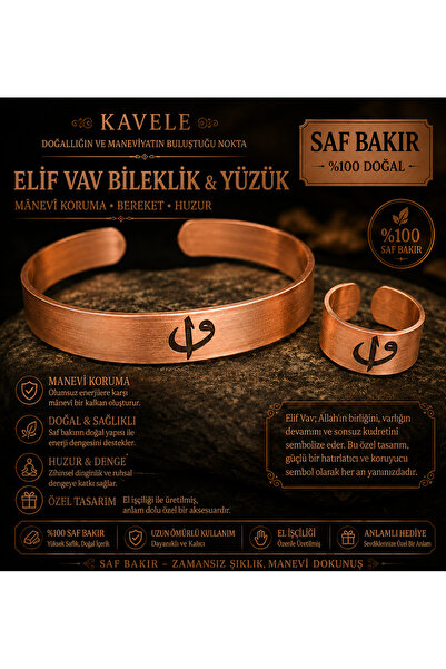 KAVELE Saf Bakır Elif Vav Modelli Bileklik Yüzük Set-İsteğe Bağlı Farklı Mode...