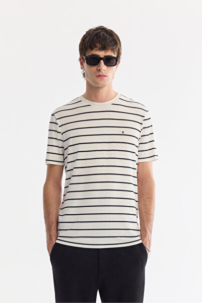Avva Erkek Ekru Bisiklet Yaka Çizgili Soft Touch Regular Fit T-Shirt A61Y1087
