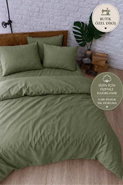 Home %100 Pamuk Çift Kişilik Nevresim Takımı - Haki yeşil Yorgan Kılıfı Ve La...