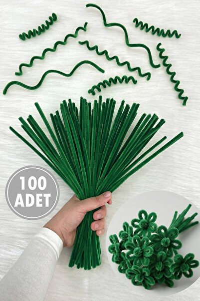 ZEYMERADE Ağaç Yeşil Şönil 30cm, 100 Adet Tüylü Kadife Tel Peluş, El İşi, Çiç...