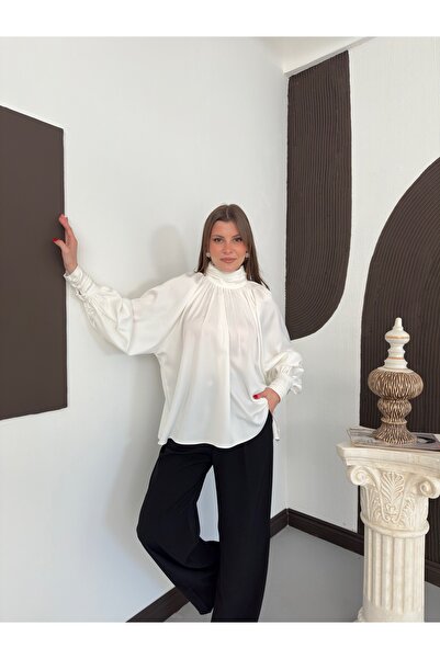 Ekim Store Σατέν Πλισέ Μπλούζα με Μανίκια Νυχτερίδας σε Χαλαρή Γραμμή