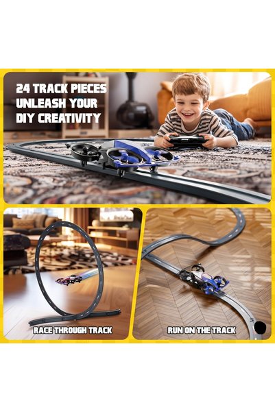 WOWITOYS RC Drone with Race Track 3 in 1, Ground Vehicle & Bounce Mode - Remote Control Quadcopter for Kids & Adults - High Speed Racing Toy