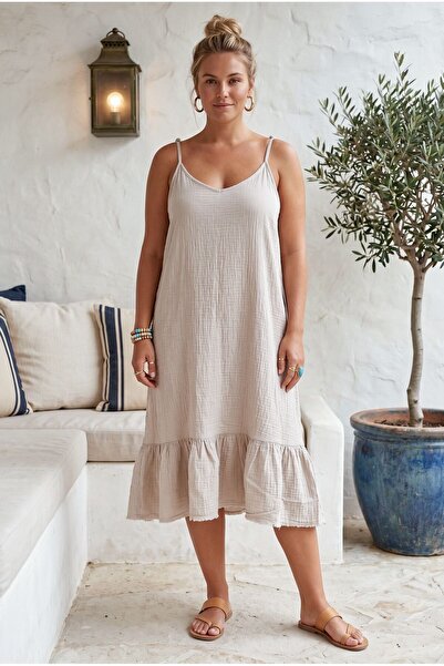 Chiccy Μπεζ φόρεμα με λουράκια στους ώμους, βολάν στο τελείωμα, casual υφαντό...