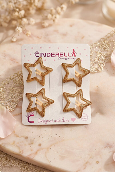 Cinderella Set of 4 Glittery Shiny Gold Color Star-Shaped Snap Hair Clips 3.2...