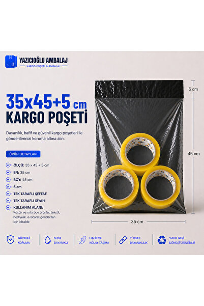 Tek Tarafı Şeffaf Kargo Poşeti 35X45X5 cm |1.000 | Siyah | Yapışkan Bantlı E-Ticaret Poşeti