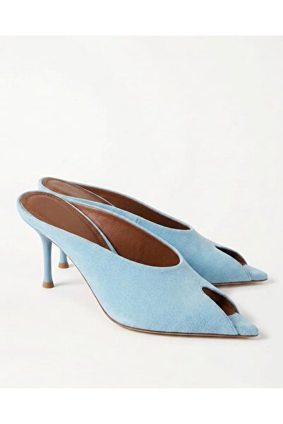 diclepolat Γυναικείες παντόφλες με τακούνι σε μπλε σουέντ χρώμα, με μυτερή μύ...