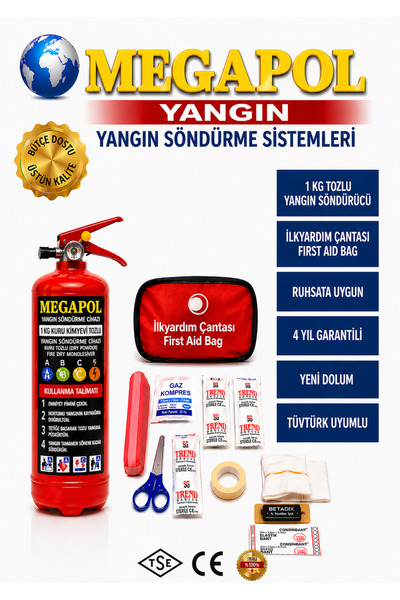megapol ilk yardım seti ve 1 kg yangın tüpü, yangın söndürme, yangın söndürme...