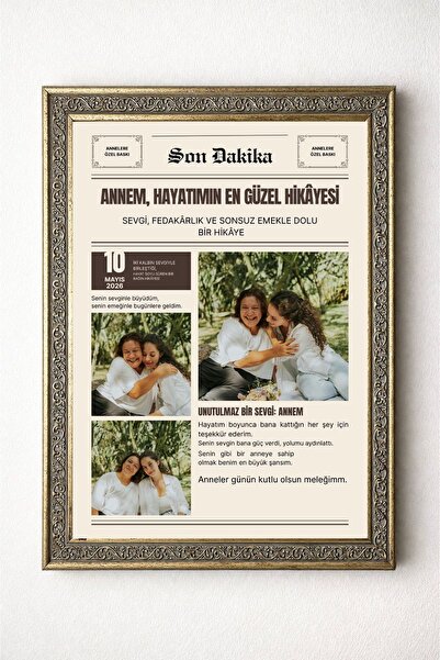BuzzDesigns Kişiye Özel Gazete Tasarımlı Anneler Günü Fotoğraflı Çerçeveli Ta...