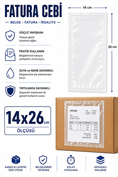 Fatura Cebi 14X26 - 2.000 ADET - Adet Yapışkanlı Kargo Evrak Cebi Şeffaf Dayanıklı Paketleme Poşeti