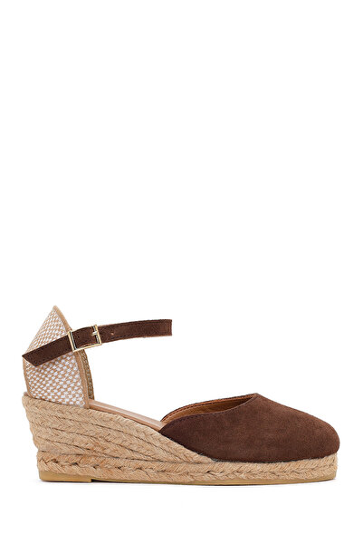 Derimod Women's Brown Ankle Strap Wedge Heeled Suede Leather Espadrille Sanda...