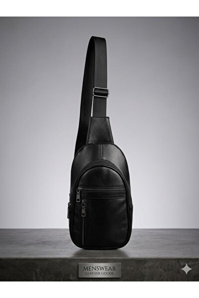 By EDUU Μαύρη ανδρική τσάντα χιαστί από γνήσιο δέρμα