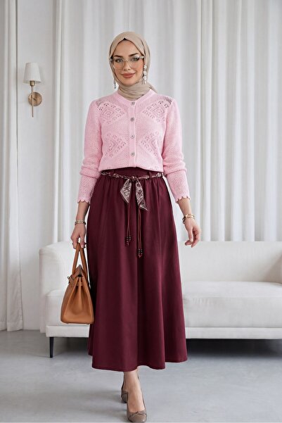 Modamorfo Ζακέτα πλεκτή με γεωμετρικά σχέδια και διάτρητα κουμπιά - Ροζ πούδρα