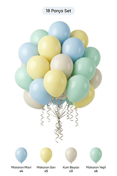 BALOMİS Makaron Yeşil Kum Beyazı Balon Seti 18 Adet Kız Doğum Günü Parti Deko...