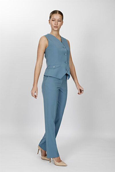 ÖNDER ÖZSOY V-Neck Decorated Buttoned Vest Suit 1530505-Deniz - 1530505