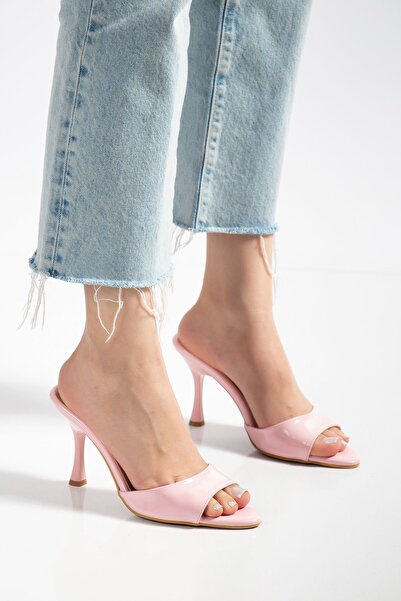 HWNLİFE 716 Pink Patent Leather Pointed Toe Heeled Women's Slippers