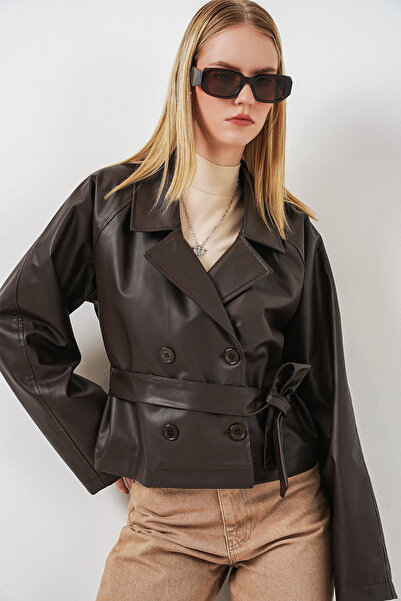 Bigdart Γυναικείο κοντό μπουφάν από συνθετικό δέρμα 1058 - Καφέ