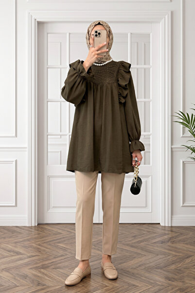 MODAQU Δαντελωτό Κεντημένο Τούνικ με Βολάν στους Ώμους - Καφέ